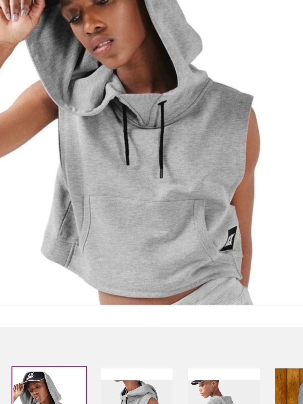 IVY PARK Sleeveless Cropped Hoodie in Heather Gray with Black Drawstrings